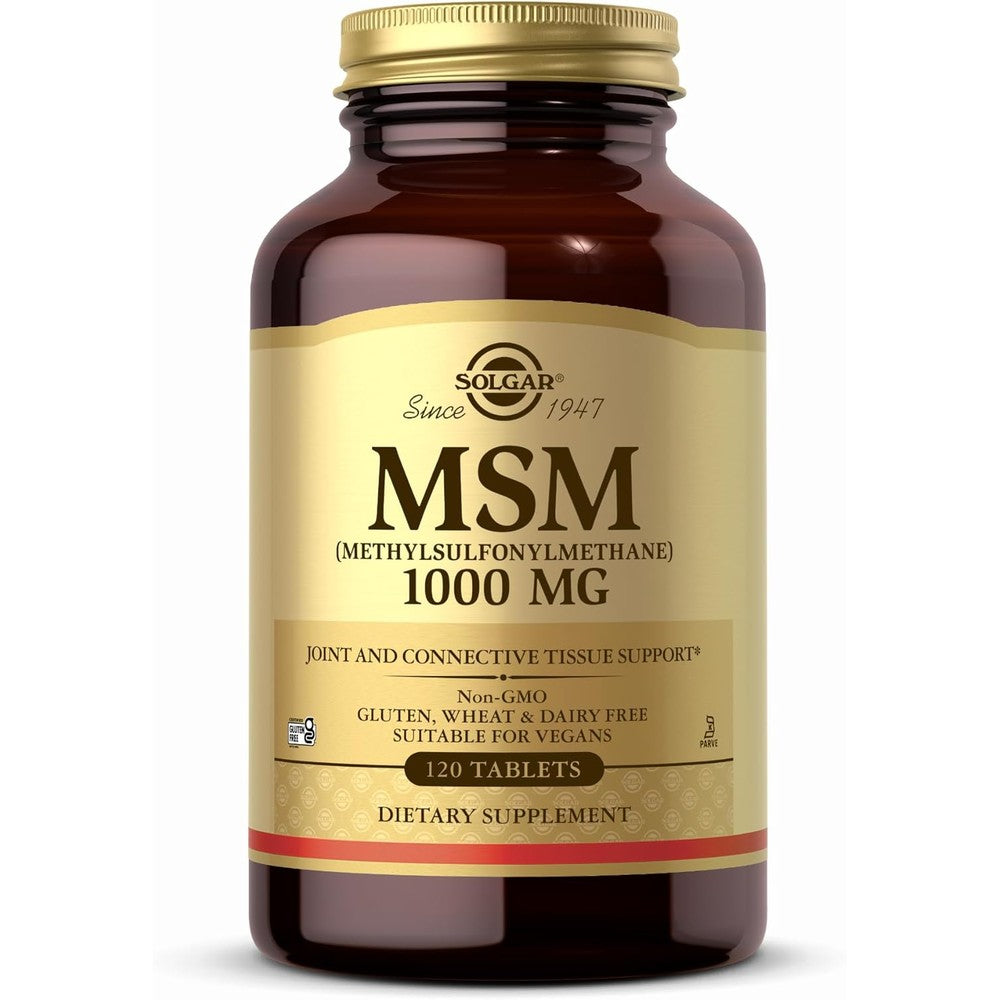 Solgar MSM 1000 Milligrams Joint Health Supplement front amber glass bottle view for joint mobility support.