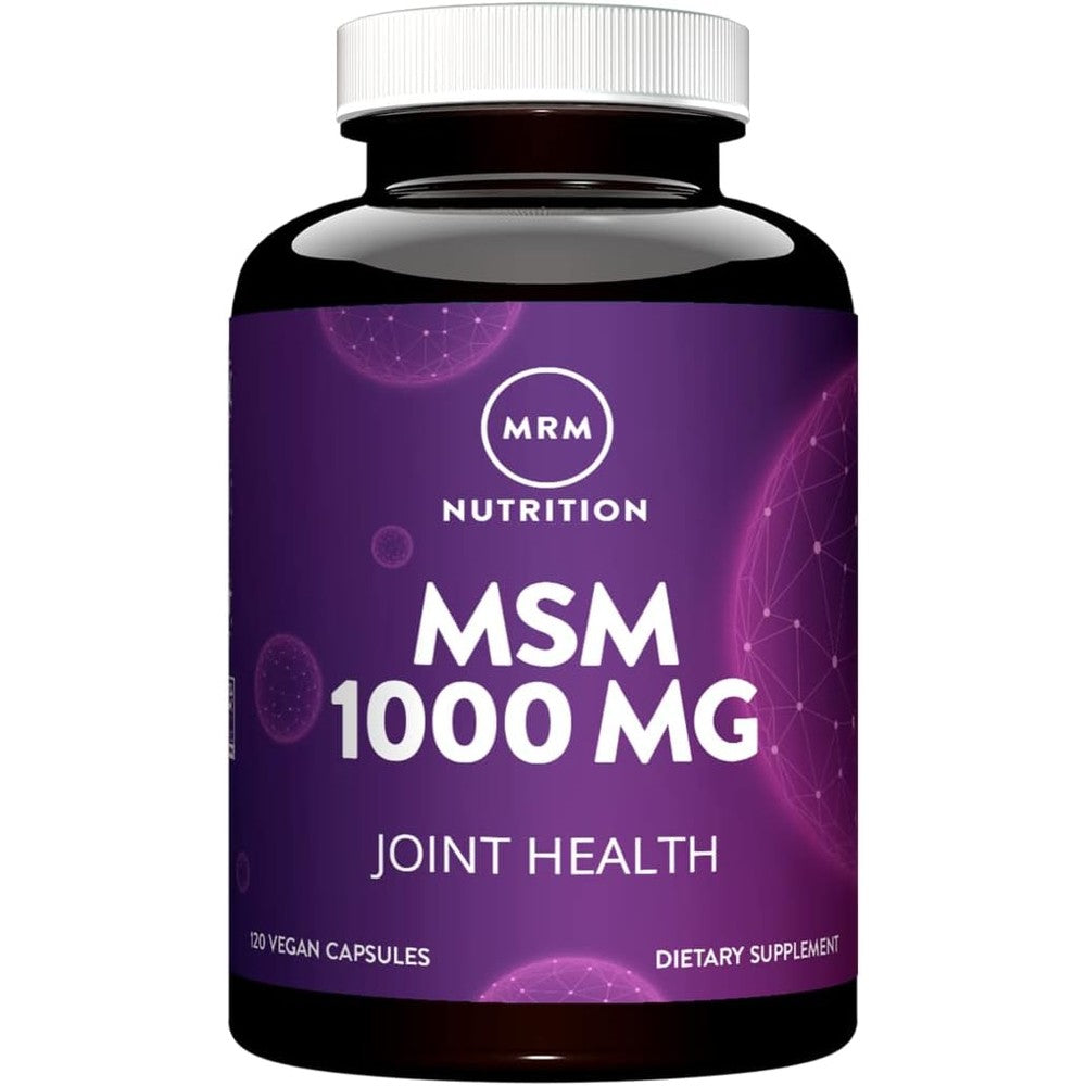 MRM Nutrition MSM 1000mg bottle front view showing 120 vegan capsules for joint health support