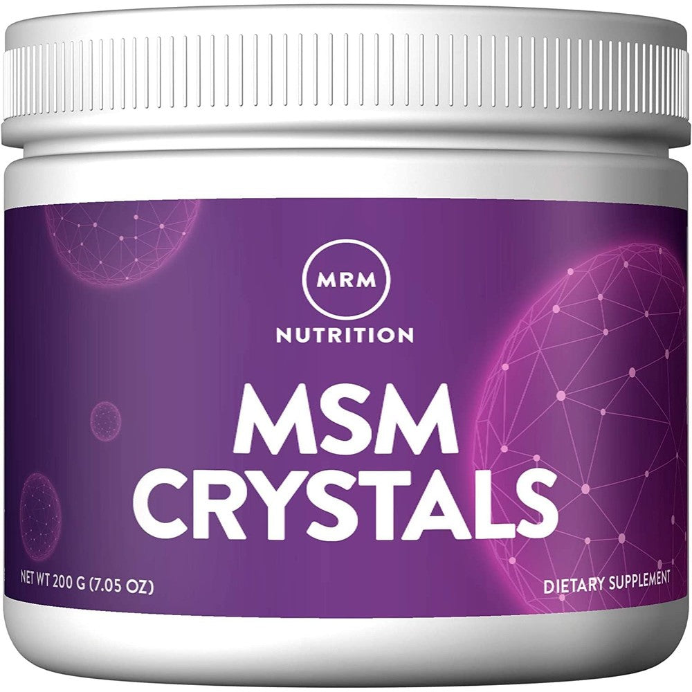 MRM Nutrition MSM Crystals front view container showing 200 servings of joint supplement powder.
