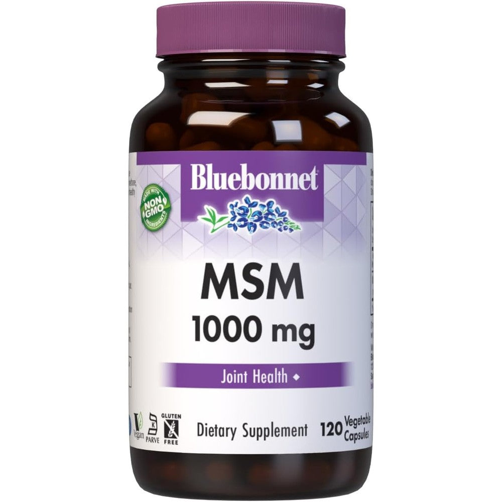 Bluebonnet Nutrition MSM 1000 mg 120 vegetable capsules bottle front view for joint health support
