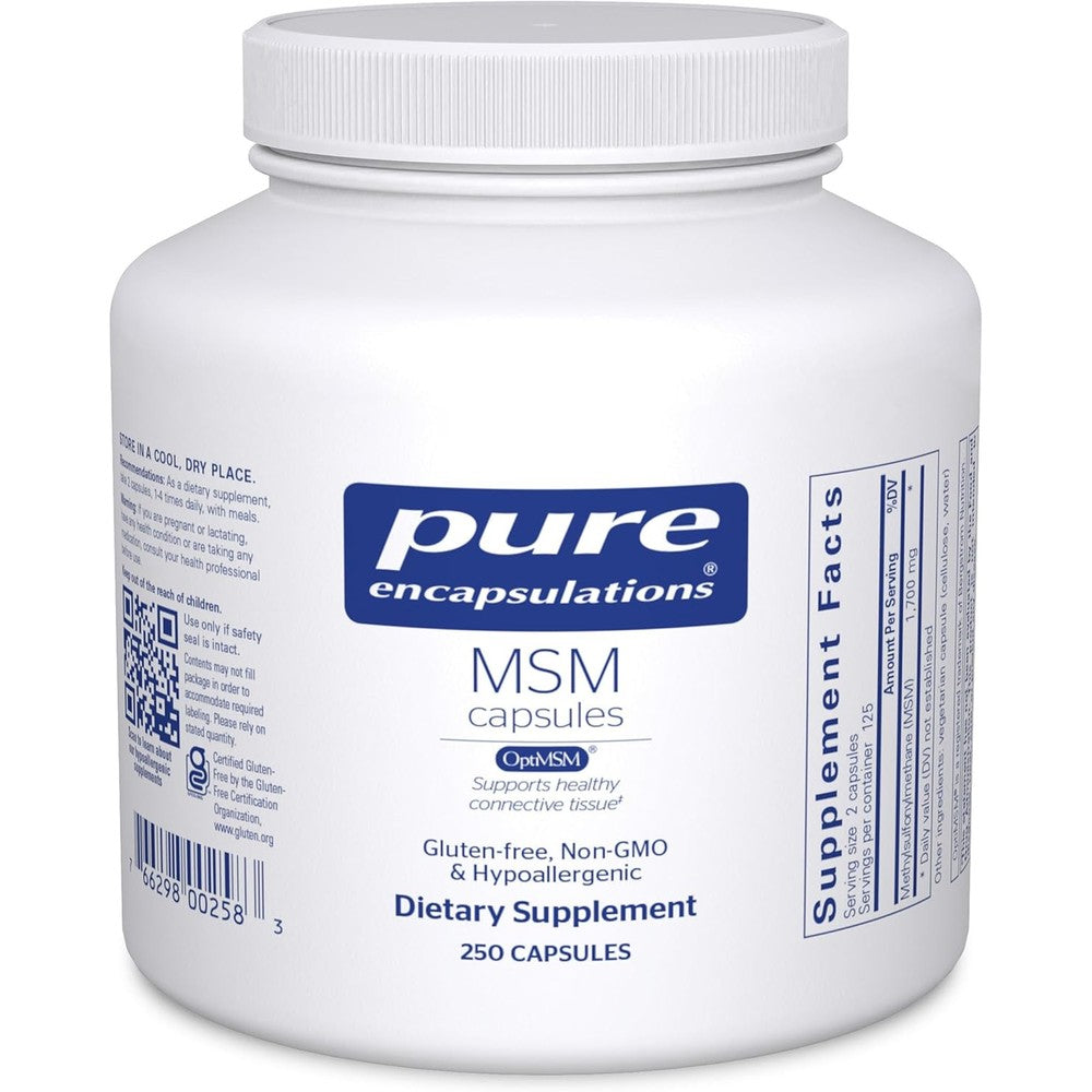 Pure Encapsulations MSM Capsules 250 count front view bottle showing premium joint supplement packaging