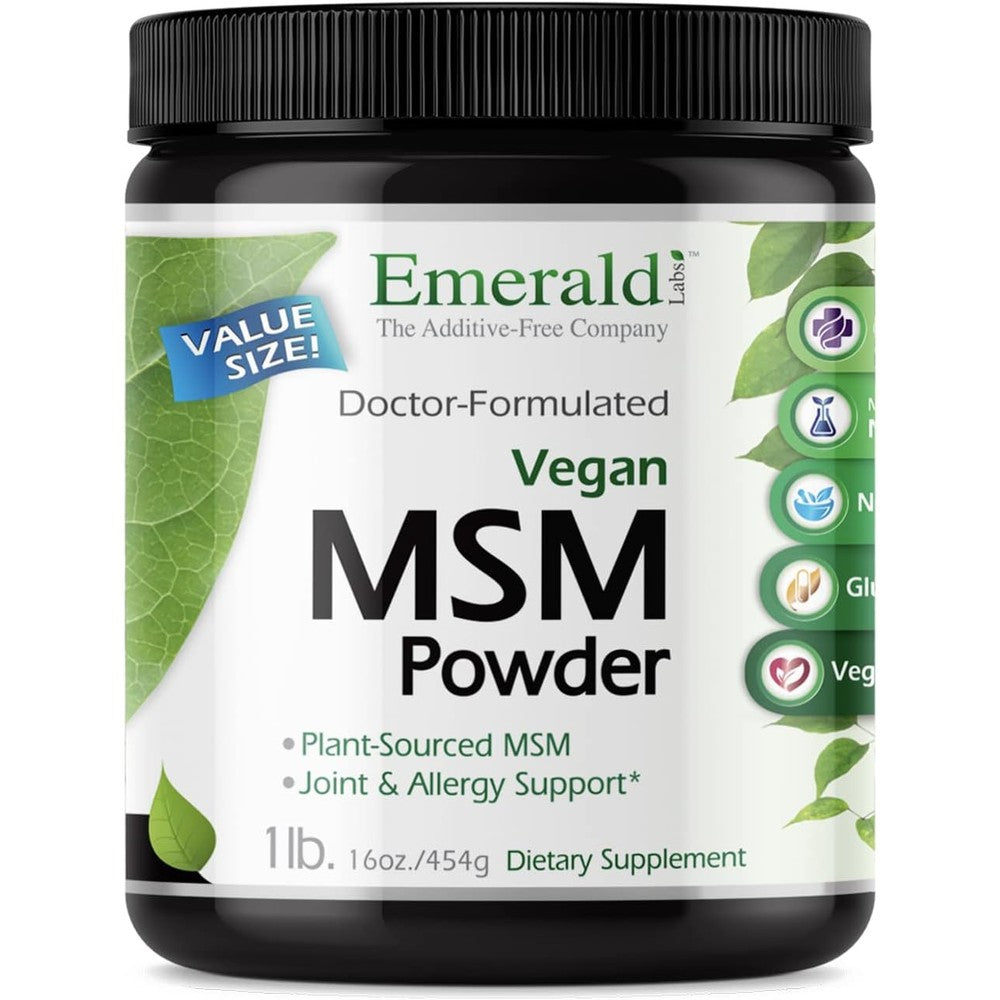 Emerald Labs Vegan MSM Powder 16 Ounce tub front view showcasing joint and liver support benefits.