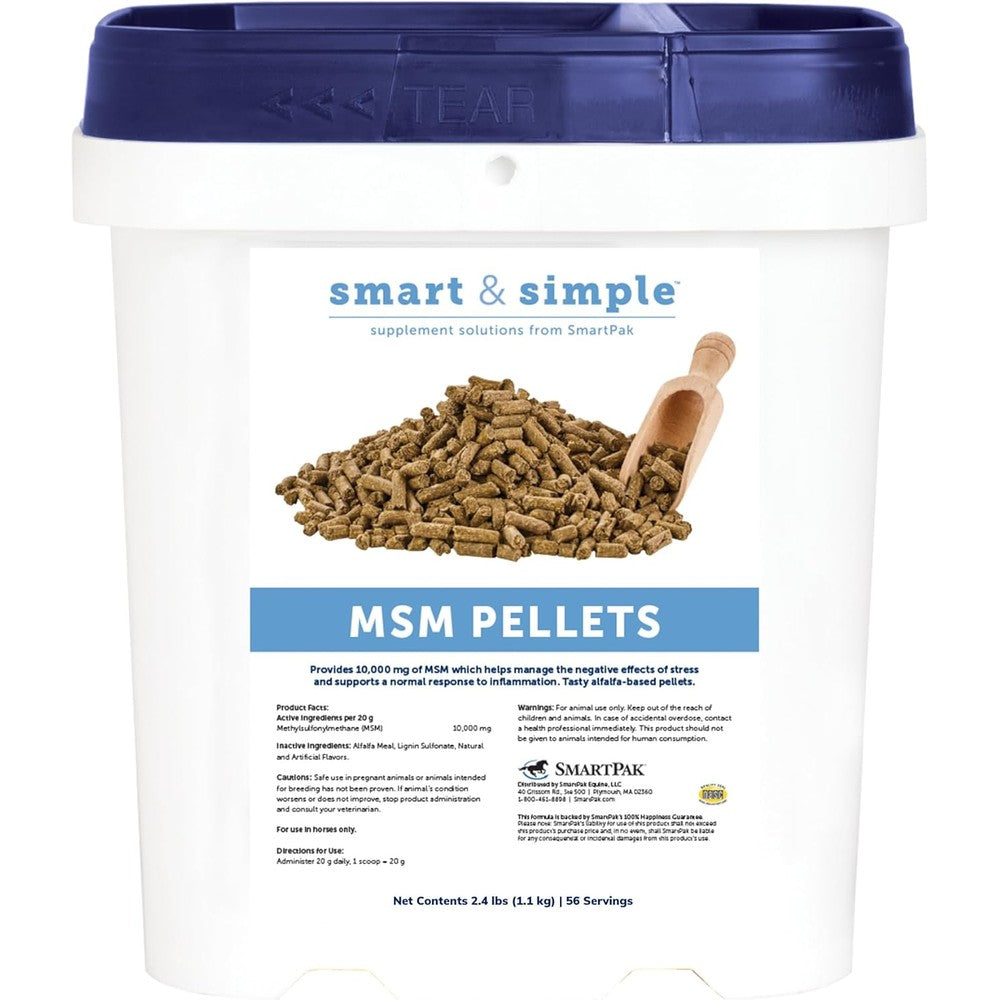 SmartEquine Smart and Simple MSM Pellets front view bucket showcasing horse joint supplement packaging.