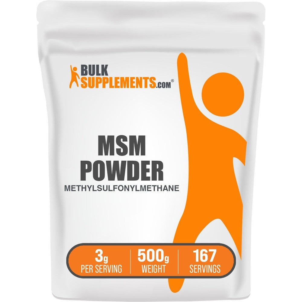 BulkSupplements MSM Powder 500 gram front packaging view for joint health supplement.