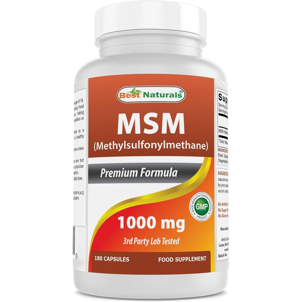 Best Naturals MSM 1000mg capsules front view showing authentic joint health supplement packaging.