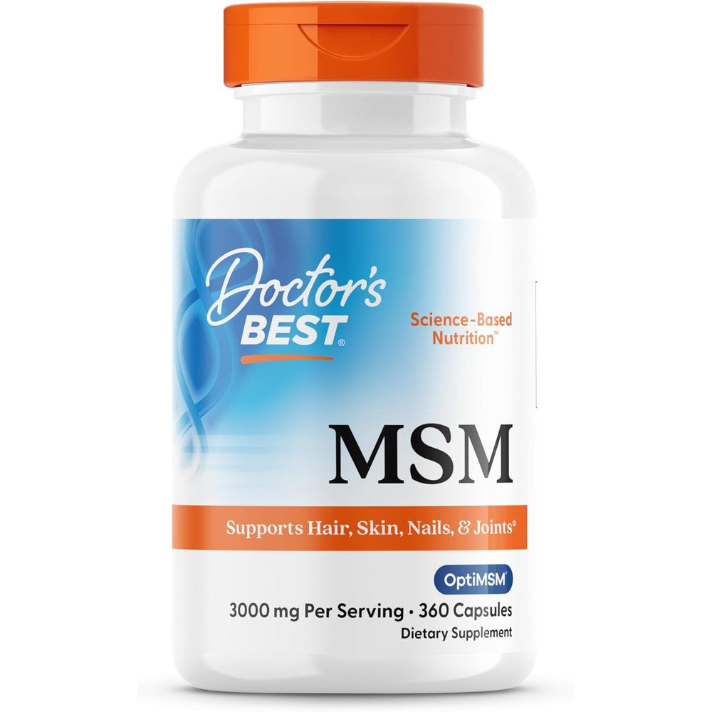 Doctor's Best MSM with OptiMSM 1000 mg 360 Capsules front label displaying joint and hair health benefits