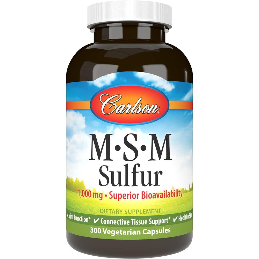 Carlson MSM Sulfur 1000 mg 300 vegetarian capsules front view bottle for joint health support