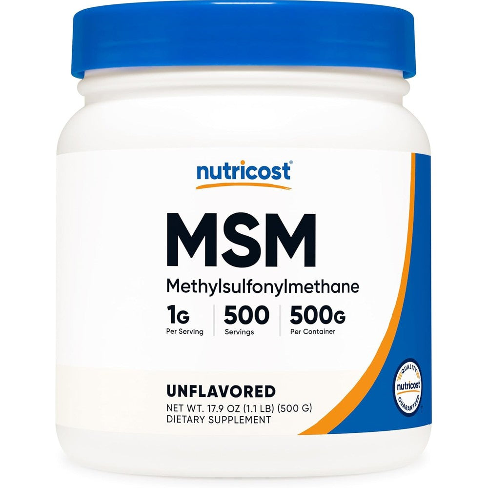 Nutricost Pure MSM Powder 500 Grams container front view showing dietary supplement label details.