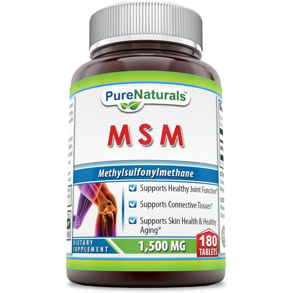 Pure Naturals Msm 1500mg 180 vitamin a tablets bottle for joint health and connective tissue support