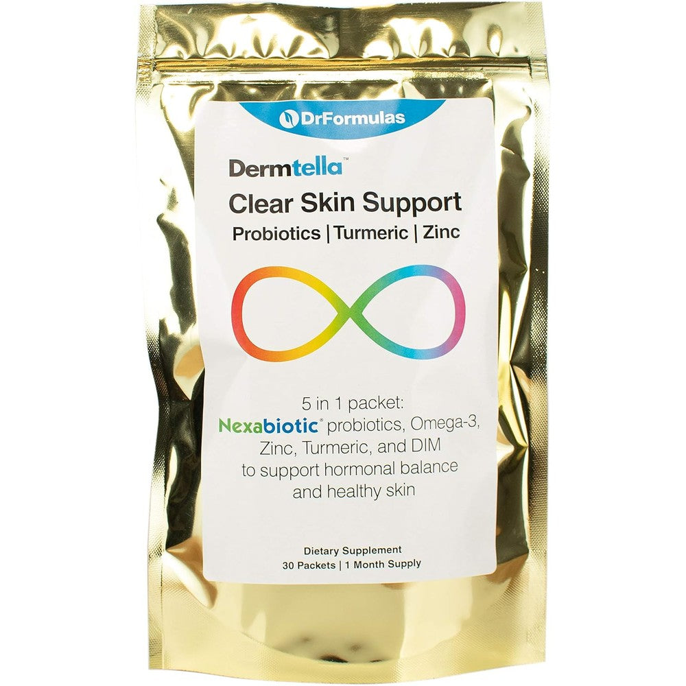 DrFormulas Dermtella Clear Skin Support Packs front view box displaying 30 day supply text