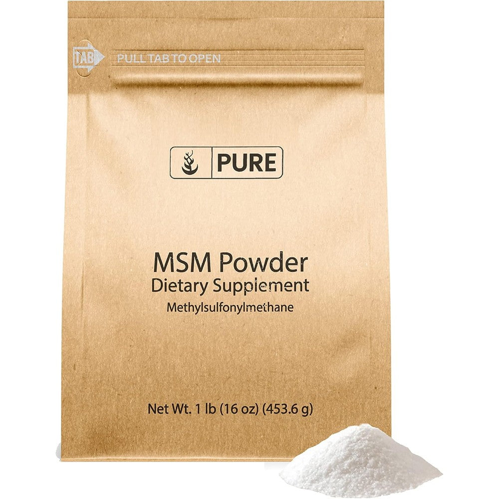 Pure Original Ingredients MSM Powder 1 pound front packaging view showing organic sulfur dietary supplement info.