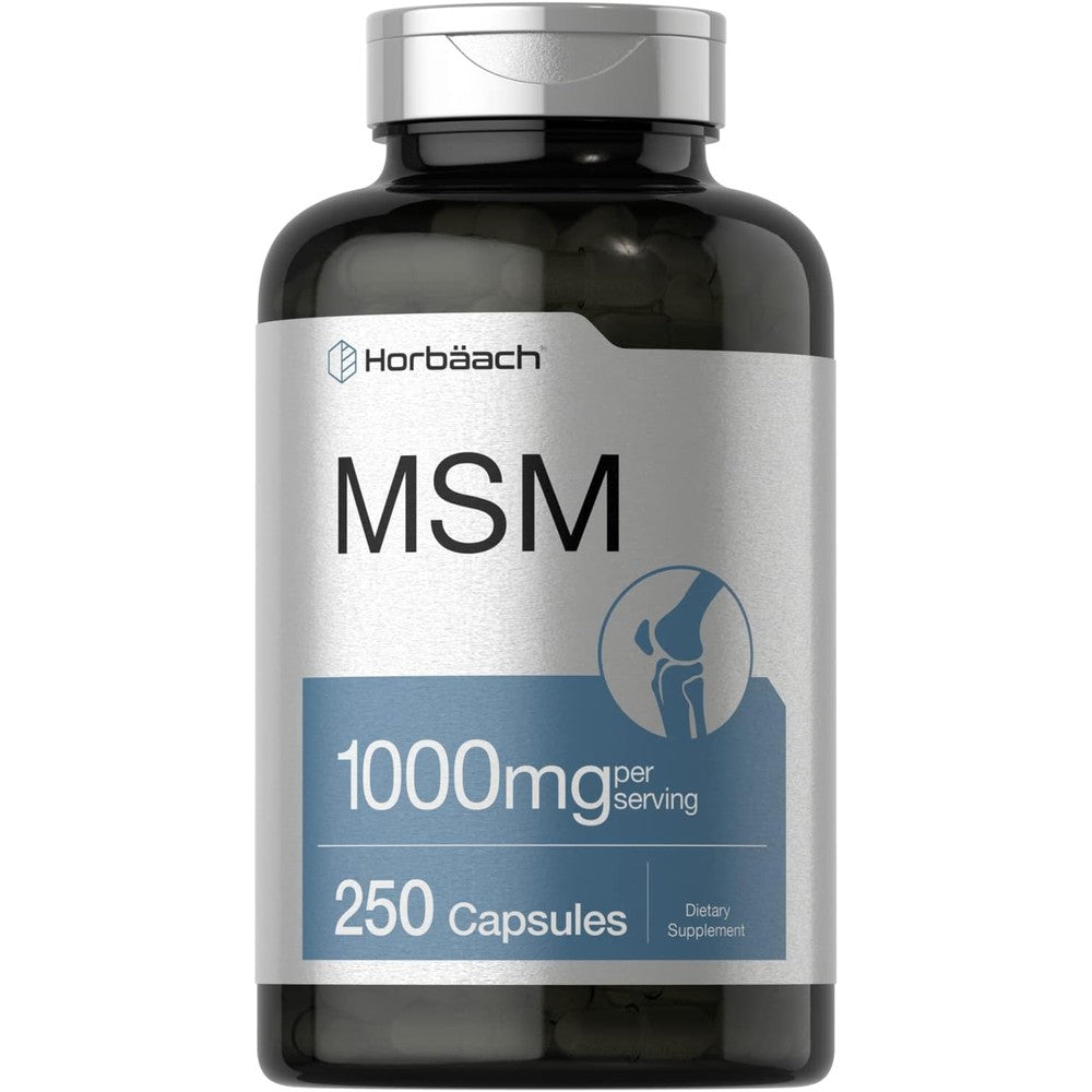 Horbaach MSM 1000mg 250 veggie capsules bottle front view for joint health