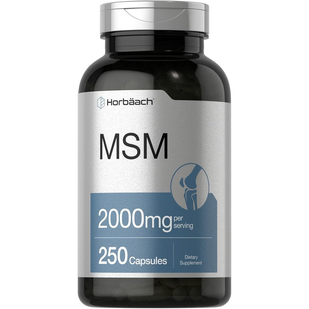Horbaach MSM 2000 mg 250 capsules front view bottle showing joint support supplement