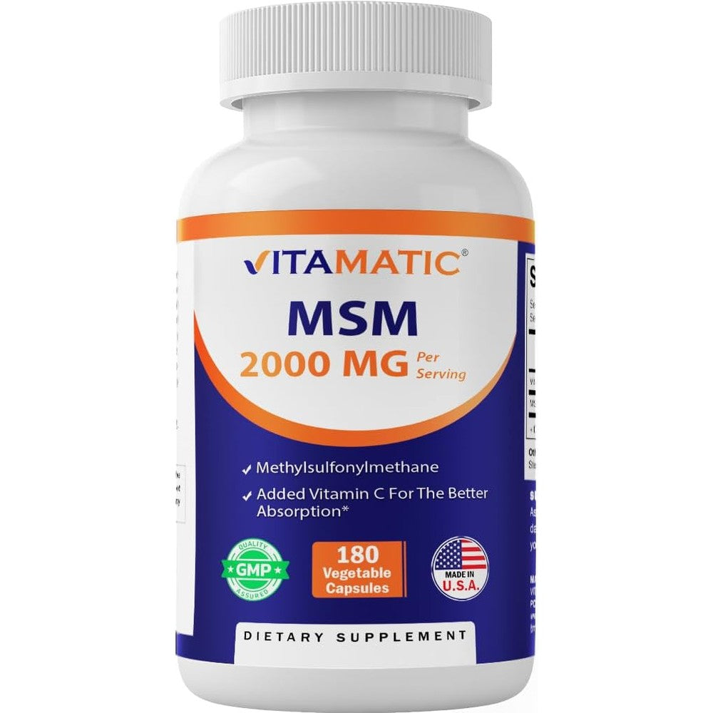 Vitamatic MSM 2000mg and Vitamin C 180 vegetarian capsules front view showing orange and blue joint health packaging