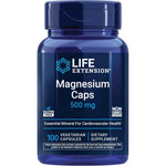 Life Extension Magnesium Caps 500 mg front view bottle showing 100 vegetarian capsules for dietary supplement needs.