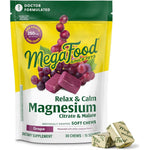 MegaFood Relax and Calm Magnesium Citrate and Malate Grape Flavor 30 Soft Chews front packaging for stress relief