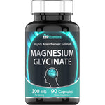 TNVitamins Magnesium Glycinate 300mg 90 capsules front view showing the cyan brain graphic on a premium black bottle.