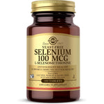 Solgar Yeast Free Selenium 100mcg 100 Tablets front view showing the amber glass bottle for antioxidant health.