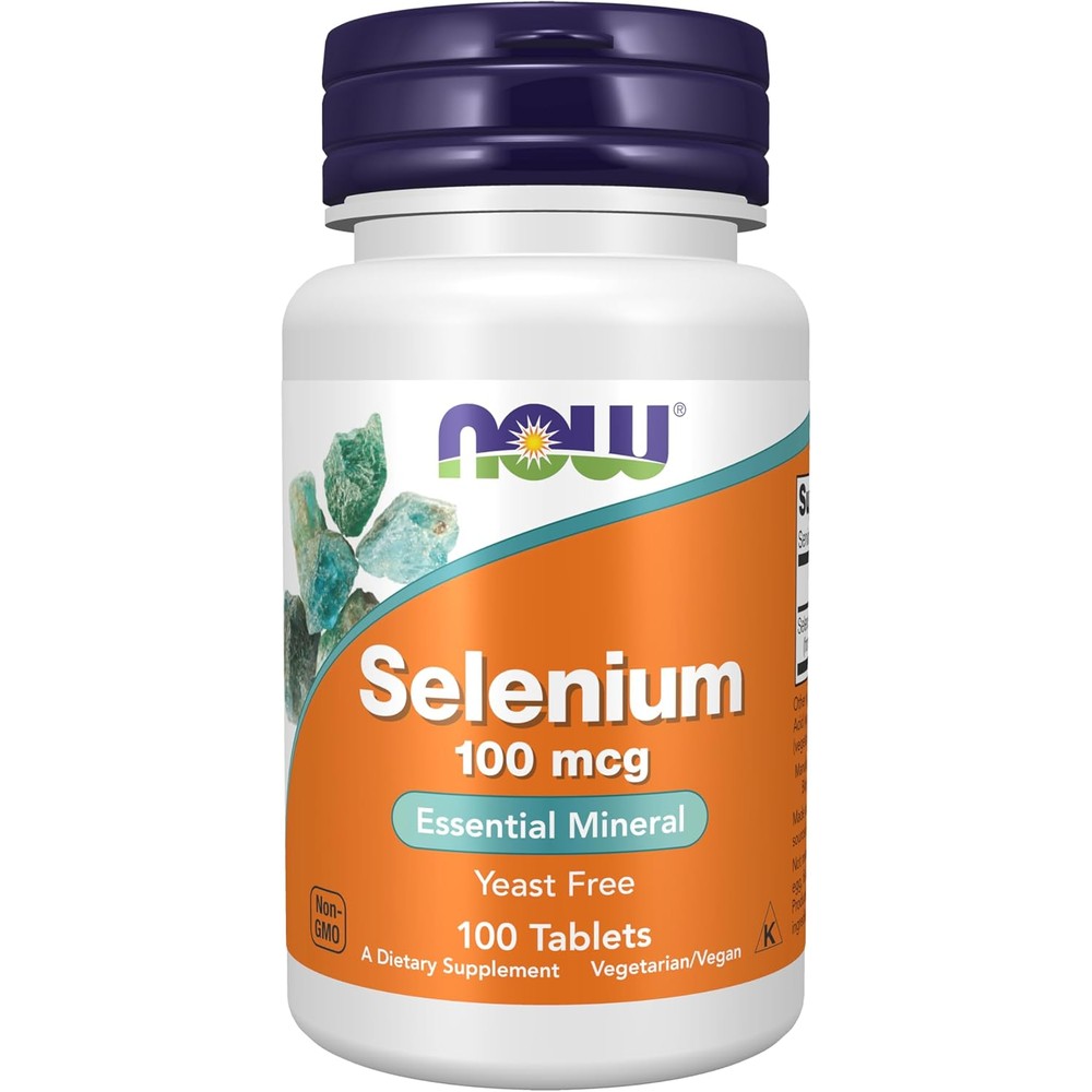 NOW Foods Selenium 100mcg 100 tablets front bottle view for daily thyroid supplement.