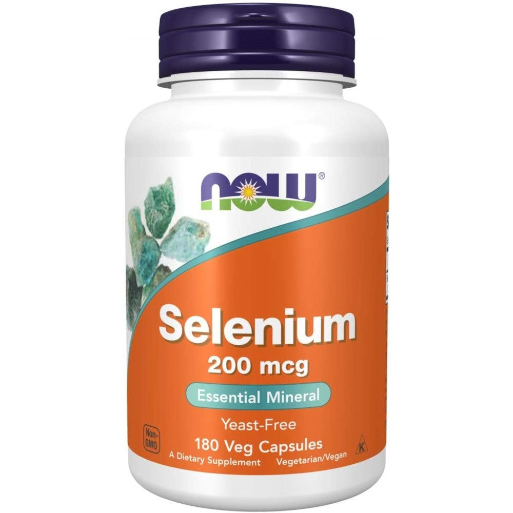 NOW Foods Selenium 200 Micrograms front view bottle showing 180 vegetarian capsules for antioxidant support.