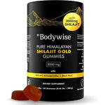 Be Bodywise Pure Himalayan Shilajit Gummies Gold front view bottle showcasing sugar free daily vitality supplements.