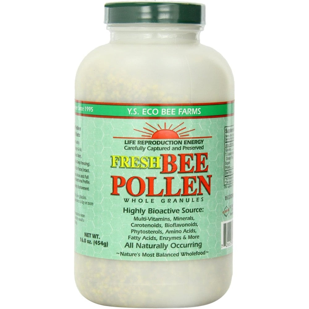 Y.S. Organic Bee Farms Fresh Bee Pollen 16 Ounce bottle front view showing raw whole granules supplement