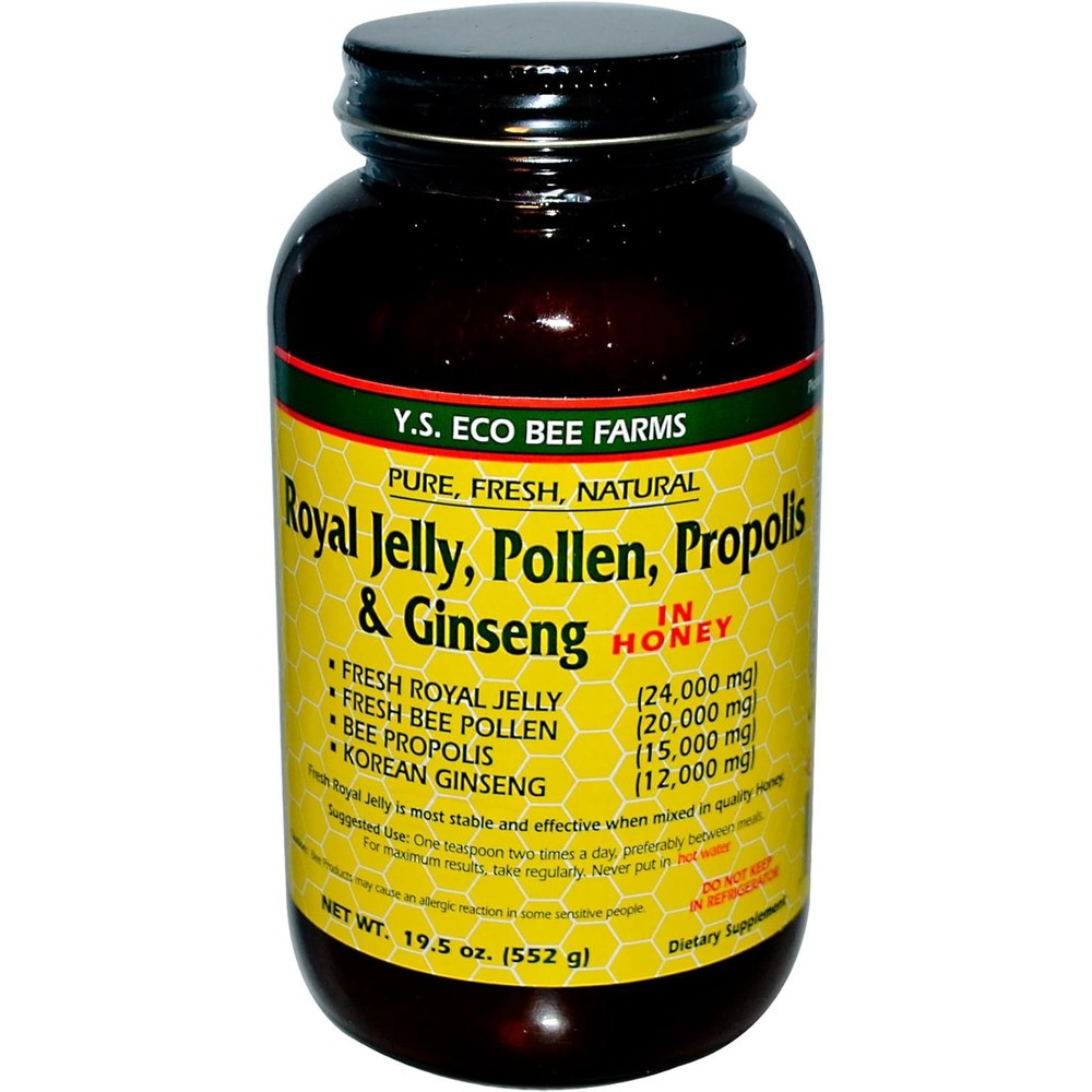 YS Bee Farms Royal Jelly Pollen Propolis and Ginseng in Honey nineteen point five ounce bottle front view