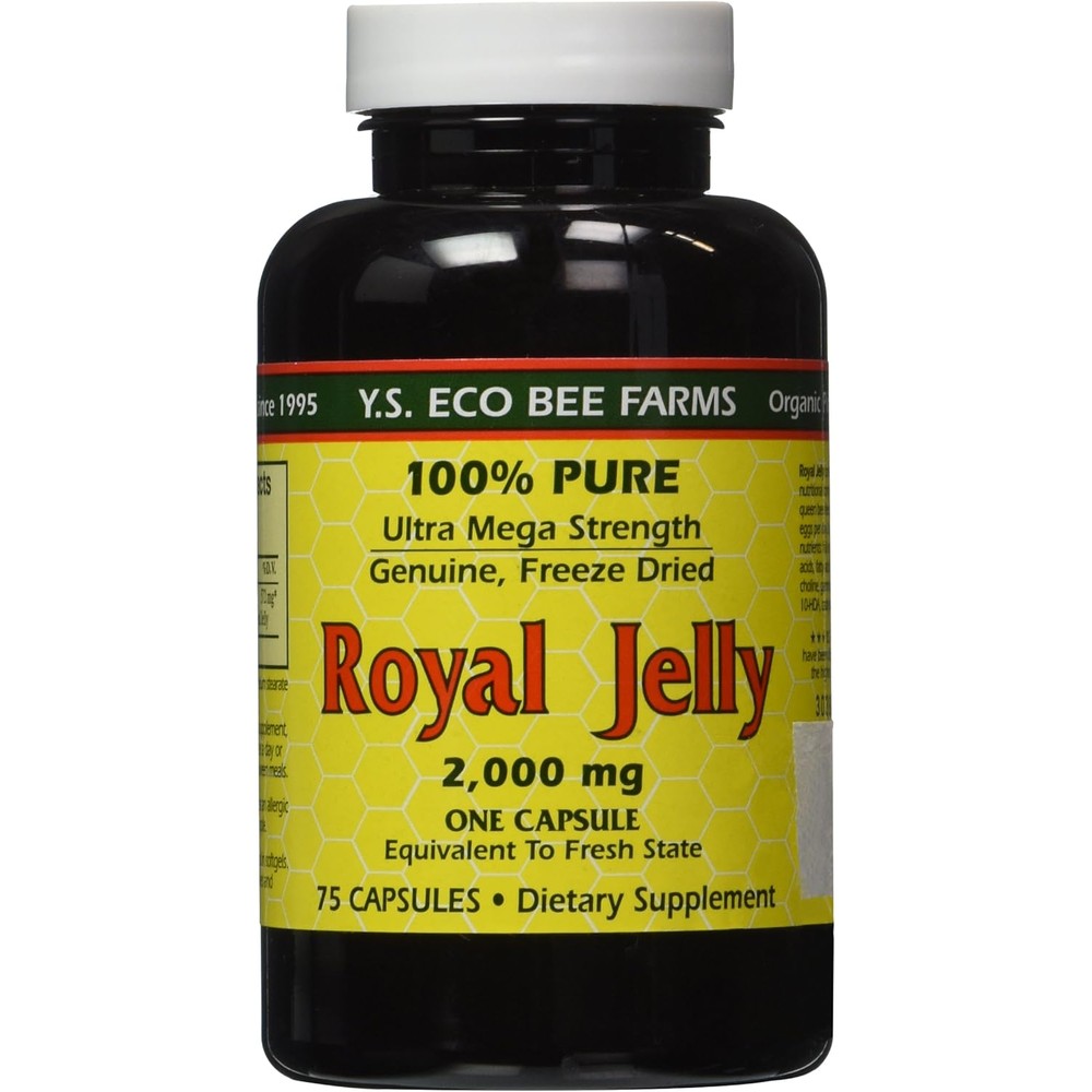 YS Eco Bee Farms Pure Freeze Dried Royal Jelly 2000mg 75 Capsules front view bottle