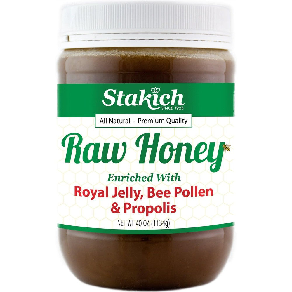 Stakich Royal Jelly Bee Pollen Propolis Raw Honey 40 ounce glass jar with golden honey blend
