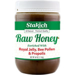 Stakich Royal Jelly Bee Pollen Propolis Raw Honey 40 ounce glass jar with golden honey blend