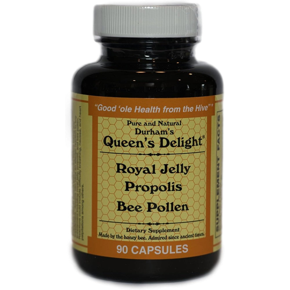 Durham's Bee Farm Queens Delight 90 capsules front bottle view for natural immunity support.