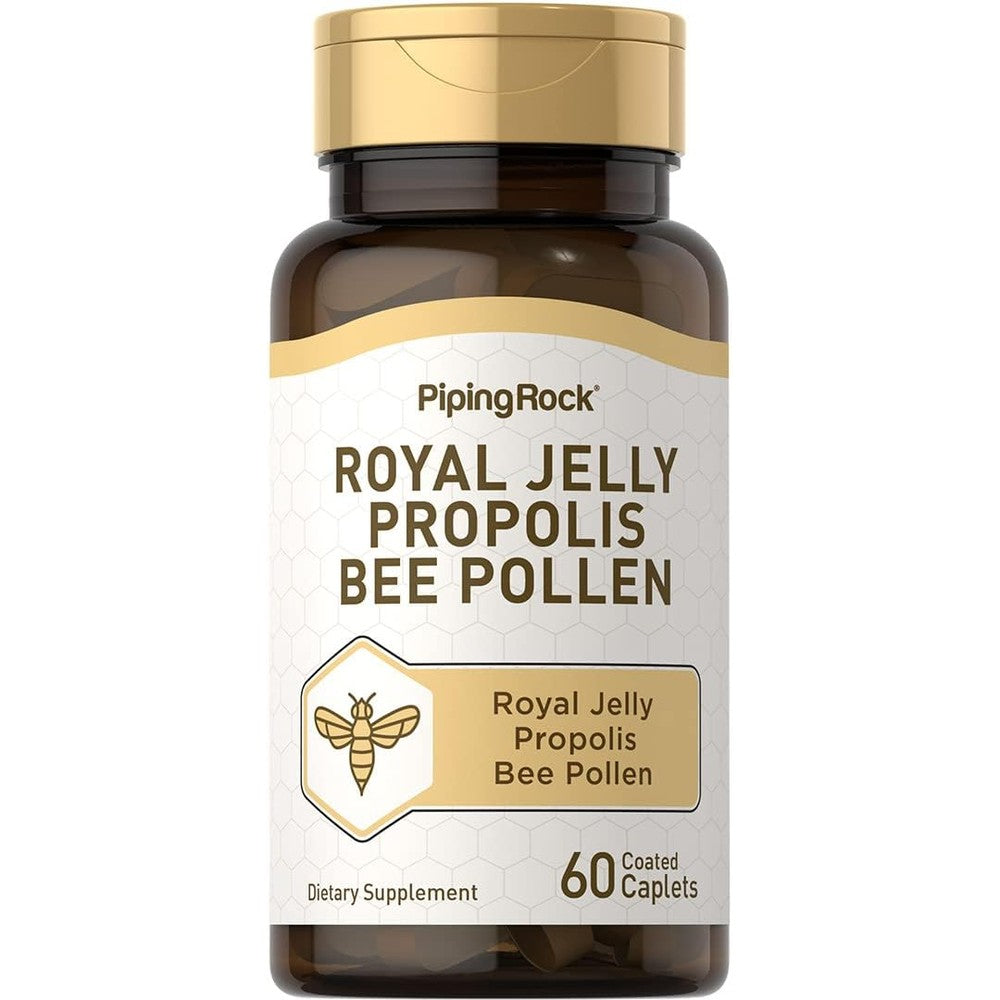 Piping Rock Royal Jelly Propolis Bee Pollen 60 caplets front bottle view immune supplement