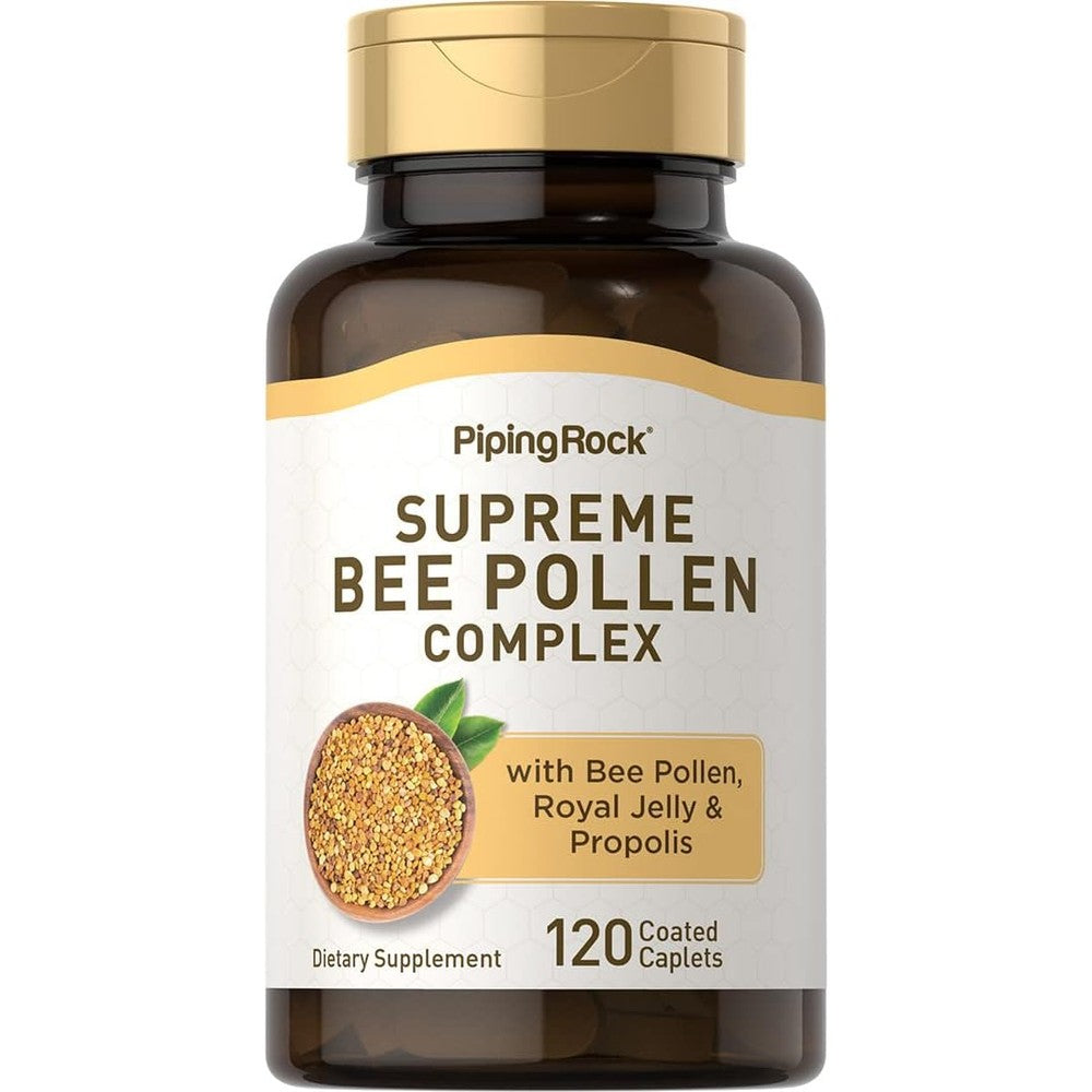 Piping Rock Supreme Bee Pollen Complex 120 caplets bottle front view displaying supplement facts