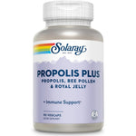 Solaray Propolis Plus 90 vegetarian capsules bottle front view showing rainbow logo and immune support benefits.