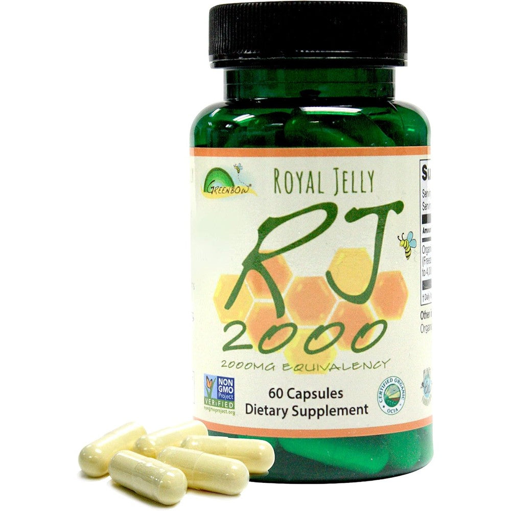 Greenbow Royal Jelly 2000mg front view of bottle containing sixty organic vegan capsules for cellular energy