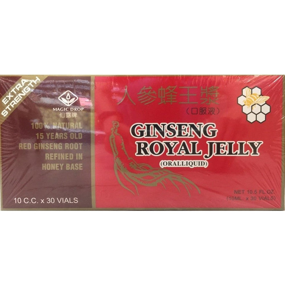 Magic Drop Ginseng Royal Jelly Extra Strength box containing thirty oral liquid vials front view