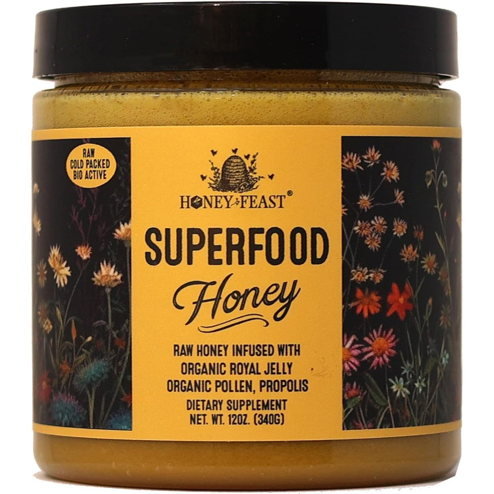 Honey Feast Flower Powered Raw Superfood Honey front view jar for immune support