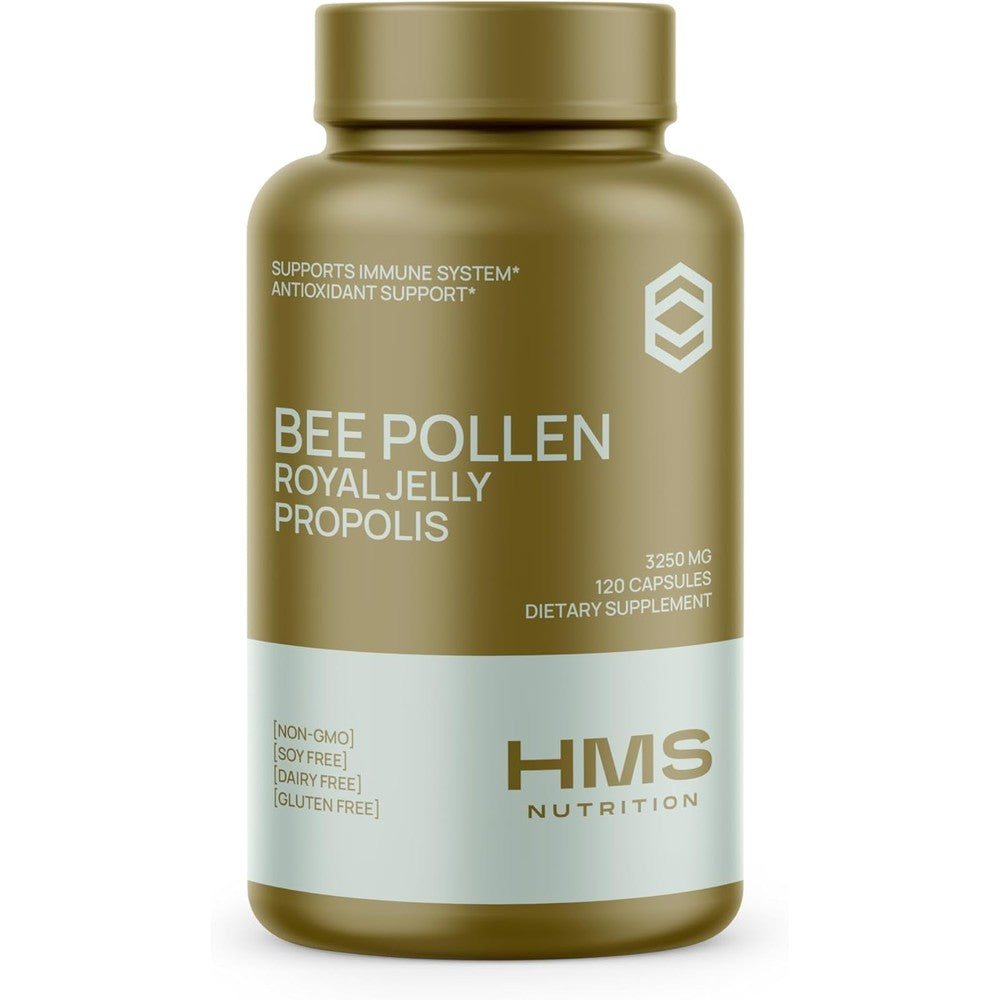 HMS Nutrition Bee Pollen Royal Jelly and Propolis 120 Capsules front view bottle