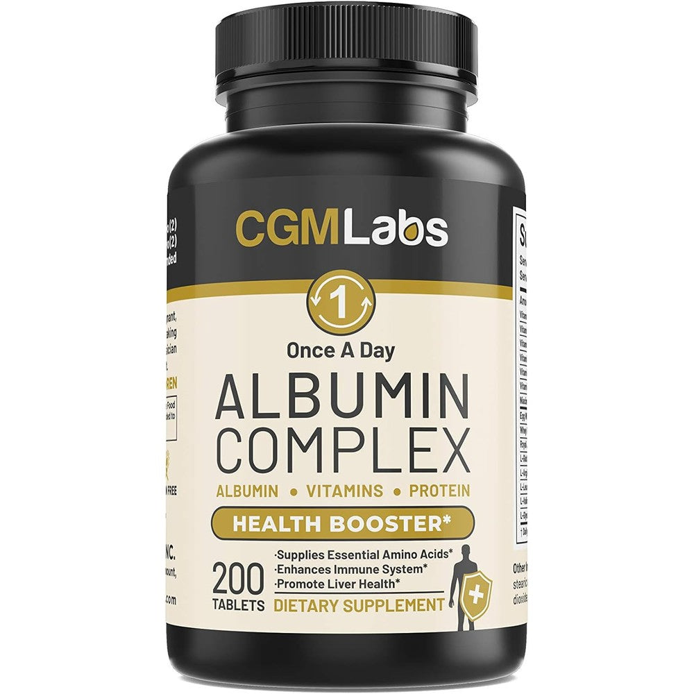 CGMLABS Premium Albumin Complex front view showing the bottle packaging of the imported protein supplement.