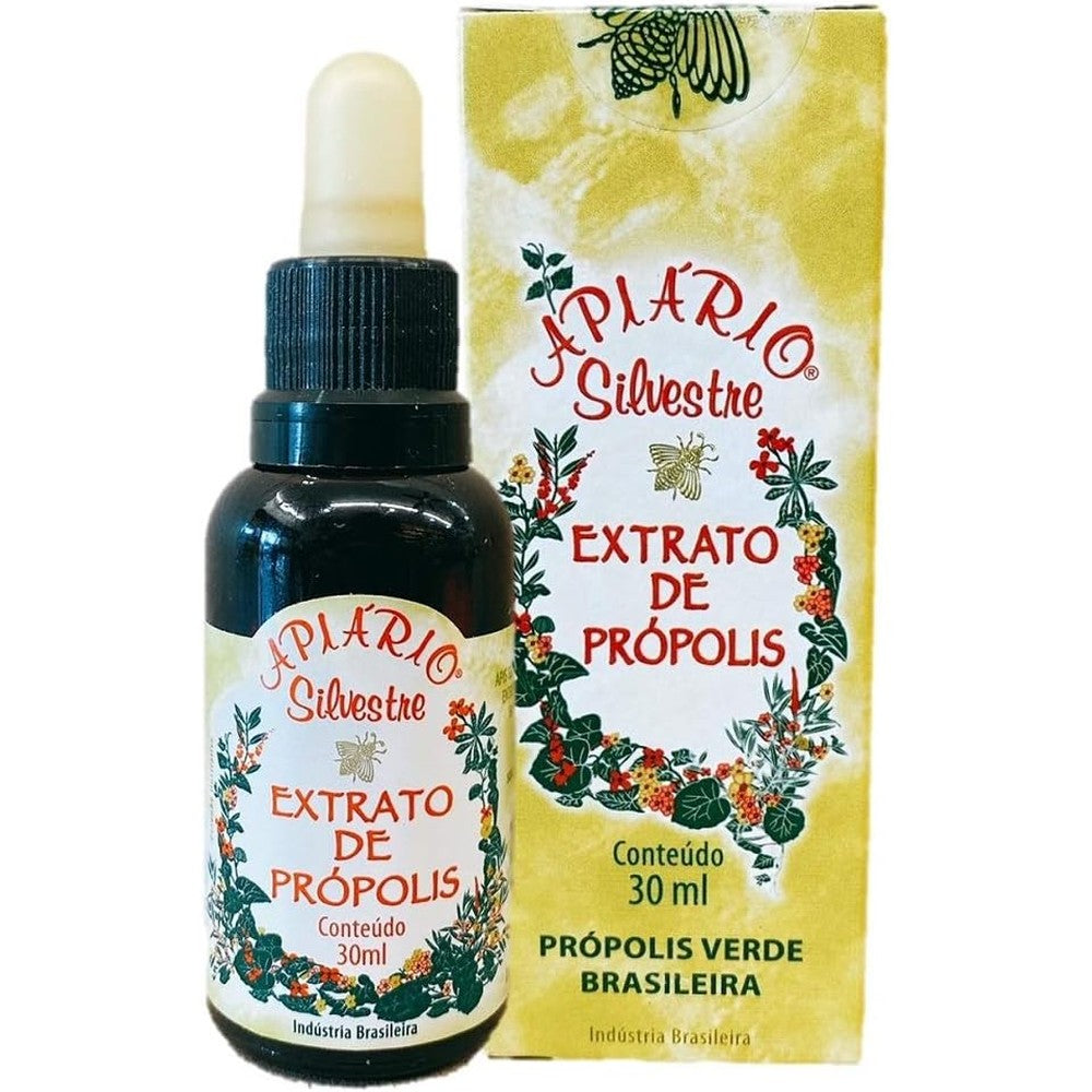 New Green Nutrition Apiario Silvestre Brazilian Green Bee Propolis thirty milliliters bottle front view showcasing authentic packaging.