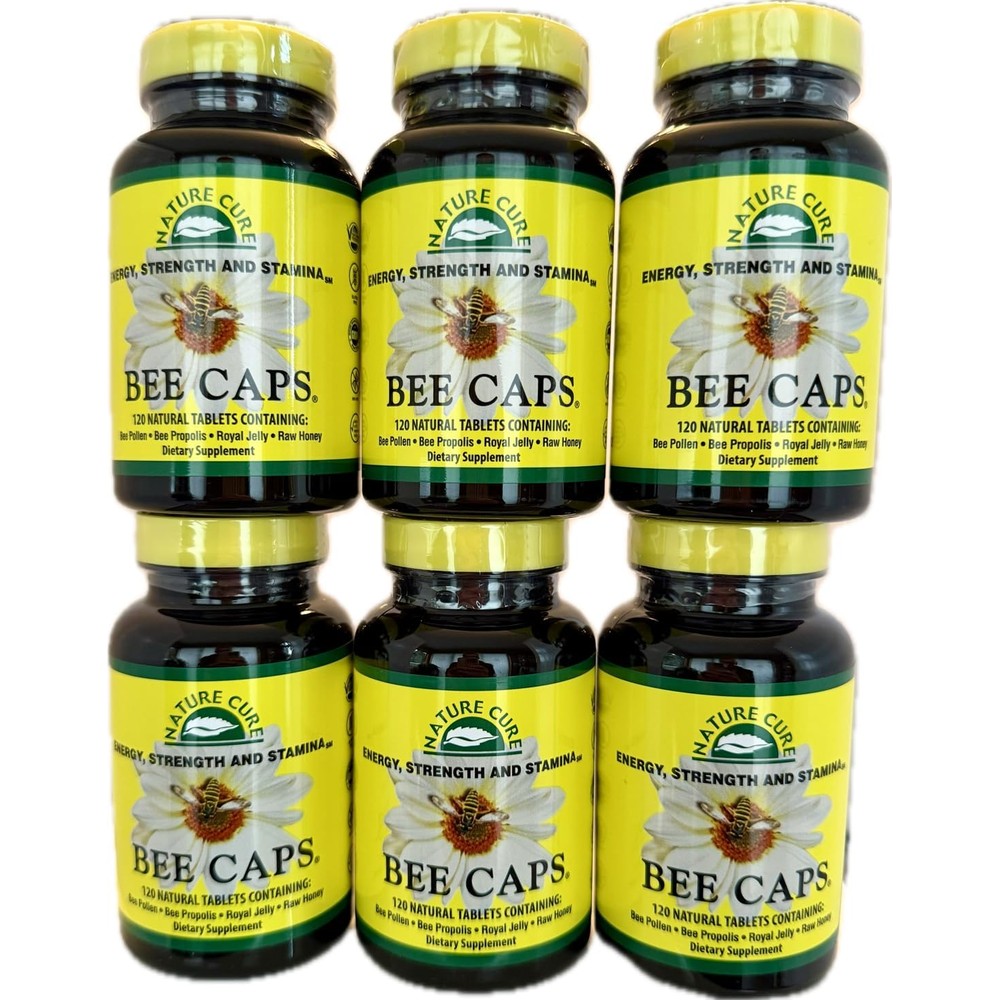 Nature Cure Original Bee Caps 6 bottle value pack front view showing the protective brown bottles.
