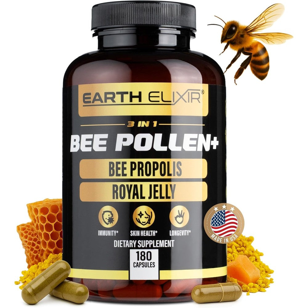 Earth Elixir Three In One Organic Bee Pollen capsule bottle front view showing 180 capsules count.