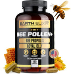 Earth Elixir Three In One Organic Bee Pollen capsule bottle front view showing 180 capsules count.