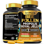 Tenmido Bee Pollen with Panax Ginseng Royal Jelly Supplement 120 Capsules front view bottle.