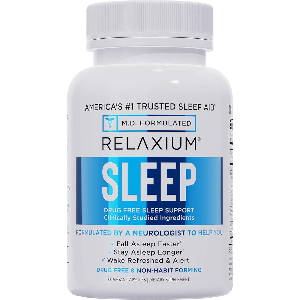 Relaxium Sleep Aid 60 vegan capsules bottle front view showing melatonin and magnesium formula labels