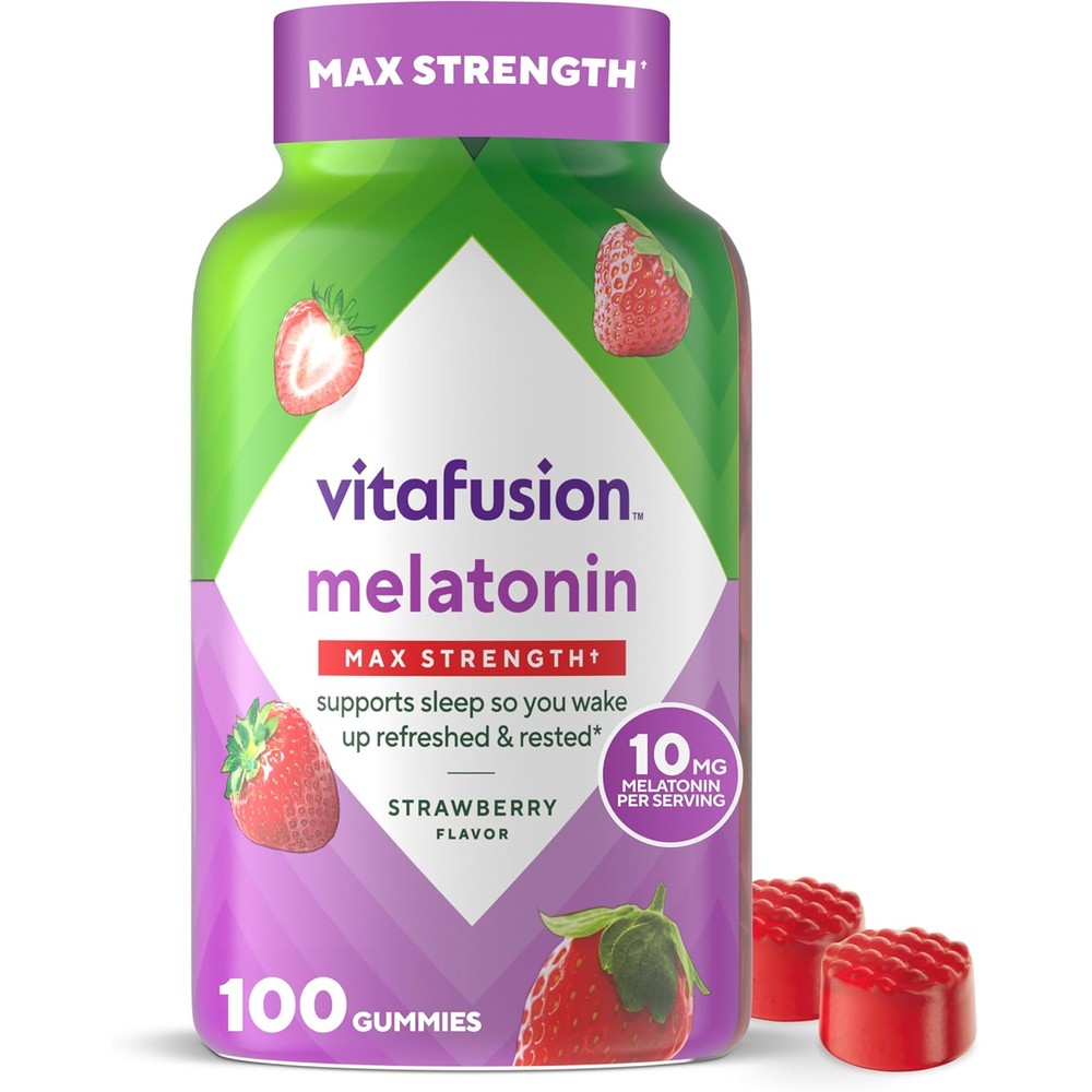 Vitafusion Max Strength Melatonin 10mg 100 Strawberry Gummies front bottle view