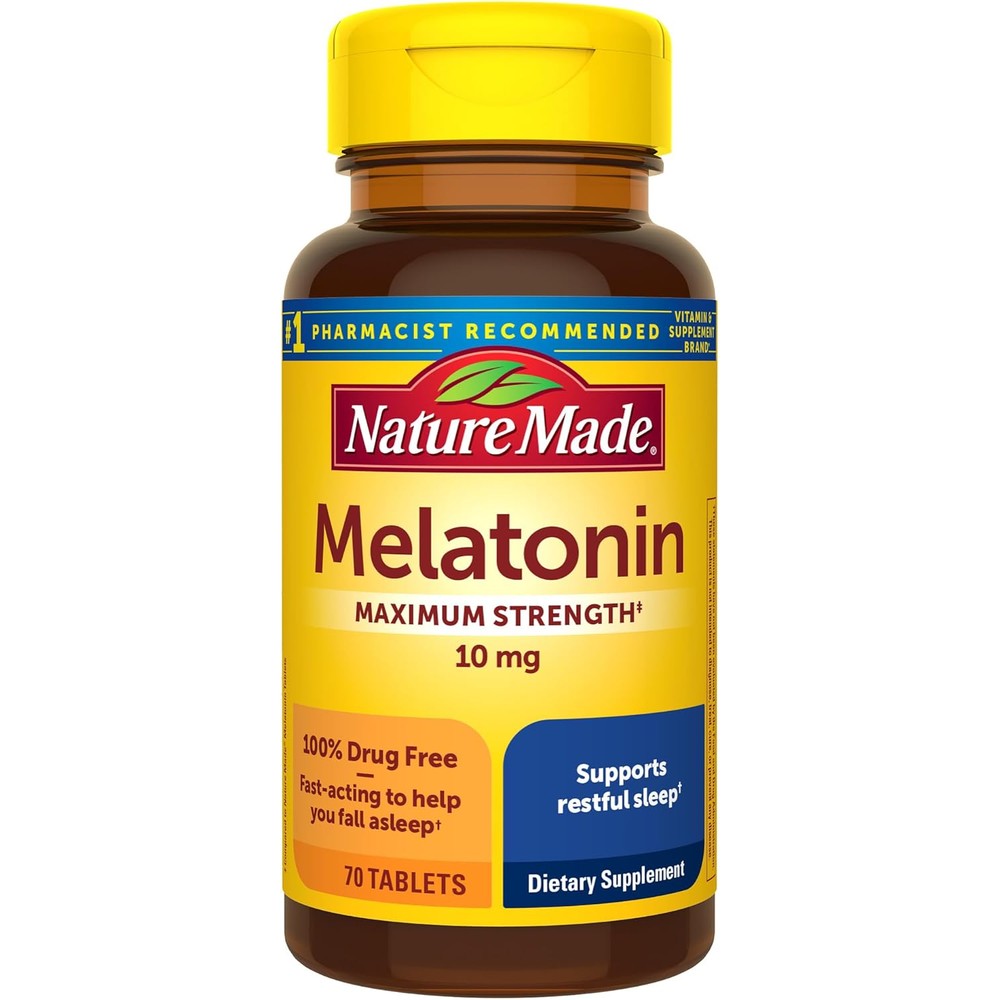 Nature Made Melatonin 10mg Maximum Strength 70 Tablets front view showing imported packaging