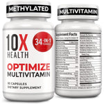 10X Health System Optimize Methylated Multivitamin front view bottle showcasing genuine USA imported daily supplements label.