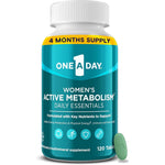 One A Day Women's Active Metabolism Multivitamin front view of the authentic blue bottle showing 120 tablets packaging.