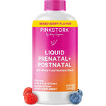 Pink Stork Liquid Prenatal Vitamins bottle, berry flavored, 16 fl oz, prenatal and postnatal nutrition
